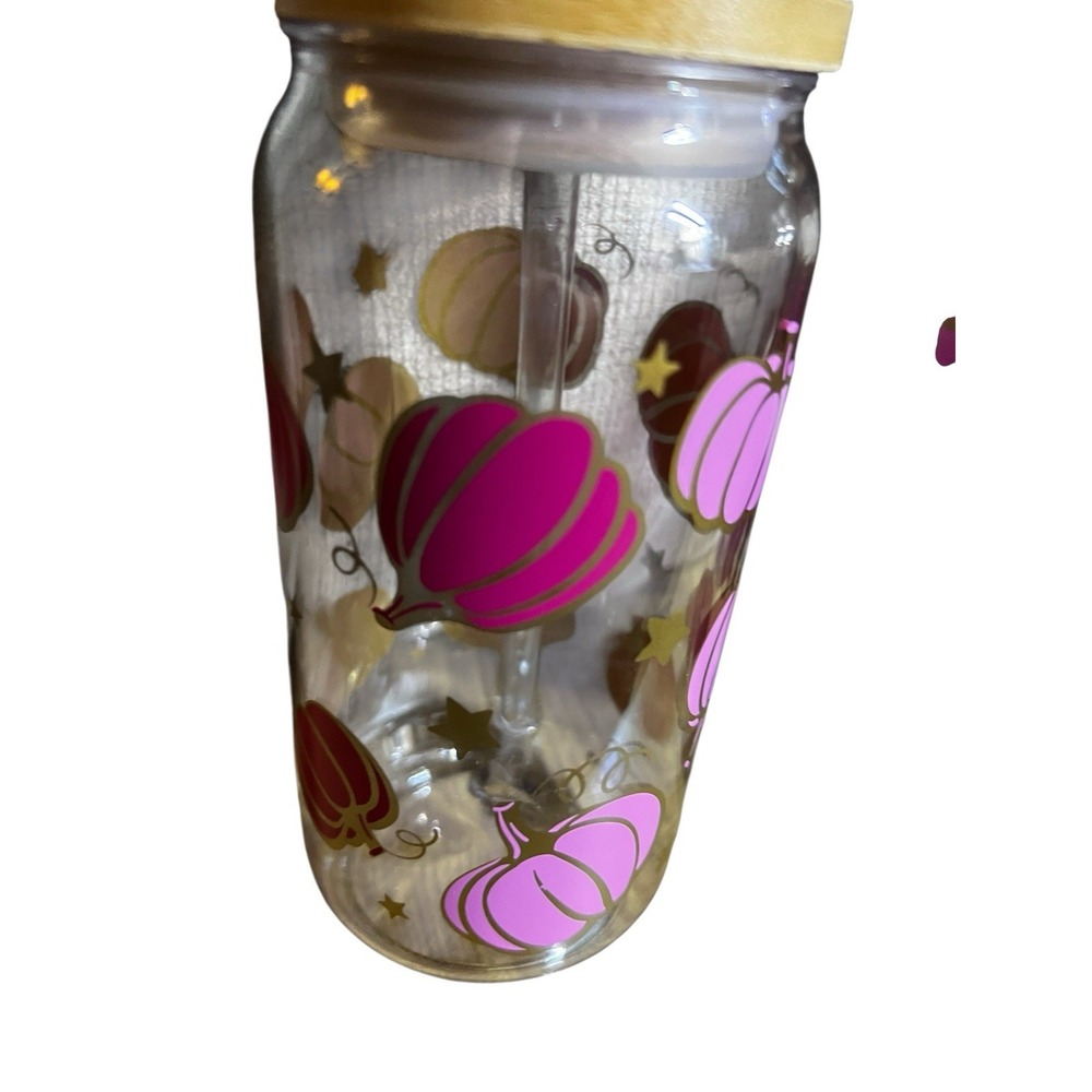 Pink Pumpkin Glass‎ Can Tumbler Set w/ Lid & Straw – 16oz Fall Halloween Cups - Picture 5 of 7